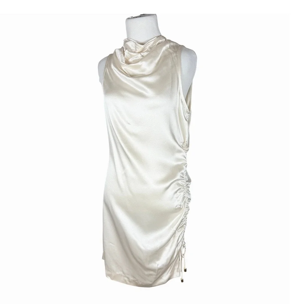 Nonchalant Label Vanilla Satin Cowl Neck Ruched Mini Dress Bachelorette Medium - Picture 2 of 9